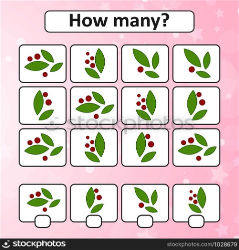 Counting game for preschool children for the development of mathematical abilities. Count the number of plants in the picture. With a place for answers. Simple flat isolated vector illustration. Counting game for preschool children for the development of mathematical abilities. Count the number of plants in the picture. With a place for answers. Simple flat isolated vector illustration.