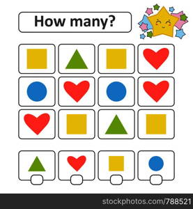 Counting game for preschool children. Heart, square, circle, triangle. With a place for answers. Simple flat isolated vector illustration. Counting game for preschool children. Heart, square, circle, triangle. With a place for answers. Simple flat isolated vector illustration.