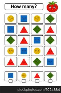 Counting game for preschool children. The study of mathematics. How many shapes in the picture. A circle, a square, a rhombus, a triangle. With a place for answers. Counting game for preschool children. The study of mathematics. How many shapes in the picture. A circle, a square, a rhombus, a triangle. With a place for answers.