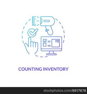 Counting inventory concept icon. Warehouse audit elements. Complete data entry after sending item to customers. Business idea thin line illustration. Vector isolated outline RGB color drawing. Counting inventory concept icon