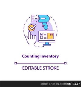 Counting inventory concept icon. Warehouse audit elements. Complete data entry after shipment. Business idea thin line illustration. Vector isolated outline RGB color drawing. Editable stroke. Counting inventory concept icon