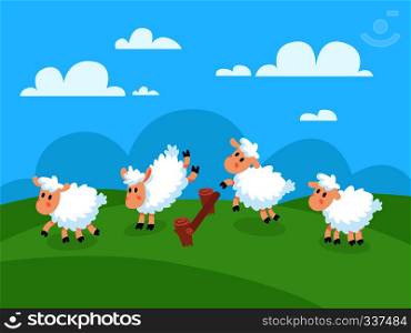 Counting jumping happy cartoon sheeps for goodnight sleep. Cute white farm lamb character. Funny sheep jump over field fence for insomnia vector concept illustration. Counting jumping sheeps for goodnight sleep. Sheep jump over fence for insomnia vector concept illustration
