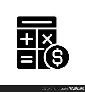 Counting money black glyph icon. Financial accounting. Cash control. Calculate business transactions. Income statement. Silhouette symbol on white space. Solid pictogram. Vector isolated illustration. Counting money black glyph icon