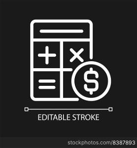 Counting money pixel perfect white linear icon for dark theme. Financial accounting. Cash control. Thin line illustration. Isolated symbol for night mode. Editable stroke. Arial font used. Counting money pixel perfect white linear icon for dark theme