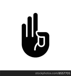 Counting on fingers black glyph icon. Mathematical lesson learning. Hand gesture and sign. Numbers study. Silhouette symbol on white space. Solid pictogram. Vector isolated illustration. Counting on fingers black glyph icon