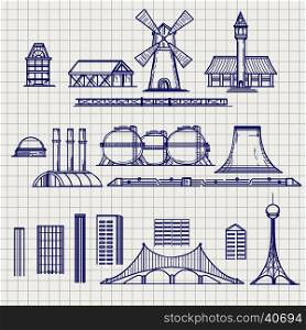 Country and city archetictural objects on notebook background. Country and city archetictural objects on notebook background vector