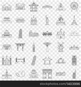 Country architecture icons set. Outline style of 36 countru architecture vector icons for web for any design. Country architecture icons set, outline style