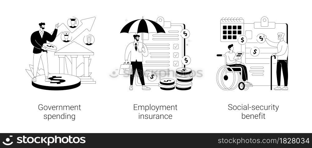 Country budget abstract concept vector illustration set. Government spending, employment insurance, social-security benefit, sickness benefit, retirement insurance, disability abstract metaphor.. Country budget abstract concept vector illustrations.