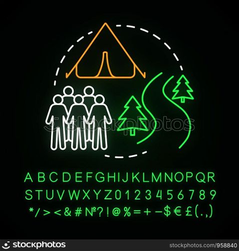 Country camp neon light concept icon. Summer hiking and camping club, holiday resort idea. Travelling in woods, forest. Glowing sign with alphabet, numbers and symbols. Vector isolated illustration