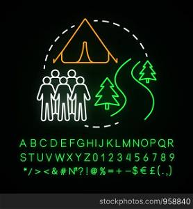 Country camp neon light concept icon. Summer hiking and camping club, holiday resort idea. Travelling in woods, forest. Glowing sign with alphabet, numbers and symbols. Vector isolated illustration