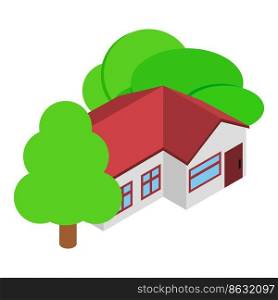 Country cottage icon isometric vector. One story house with deciduous green tree. New residential house, suburban. Country cottage icon isometric vector. One story house with deciduous green tree