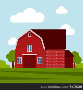 Country farm house on a green meadow, agricultural construction. Flat vector illustration on a background of blue sky with clouds