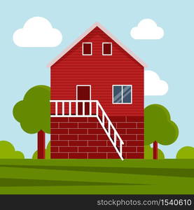 Country farm house on a green meadow, agricultural construction. Flat vector illustration on a background of blue sky with clouds