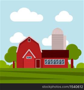 Country farm house on a green meadow, agricultural construction. Flat vector illustration on a background of blue sky with clouds