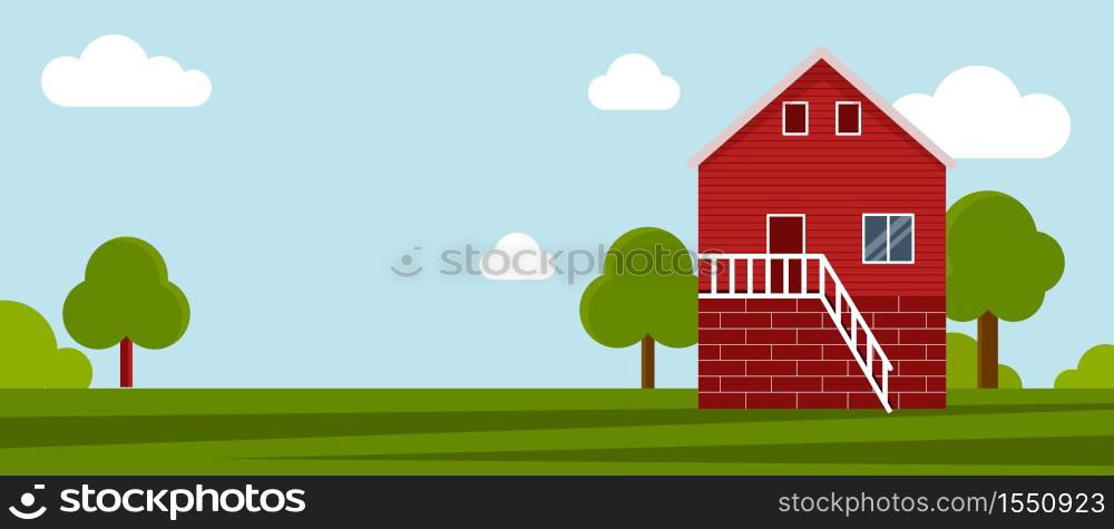 Country farm house on a green meadow, agricultural construction. Flat vector illustration on a background of blue sky with clouds.Cartoon rural landscape panorama field.Banner for website