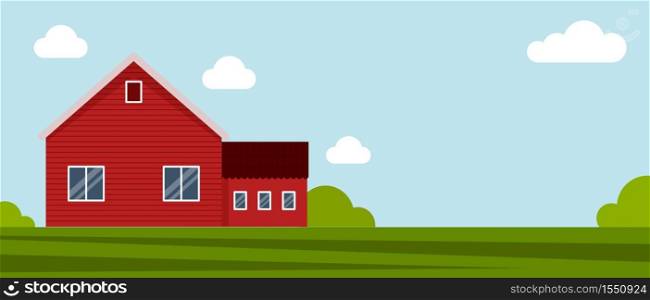 Country farm house on a green meadow, agricultural construction. Flat vector illustration on a background of blue sky with clouds.Cartoon rural landscape panorama field.Banner for website