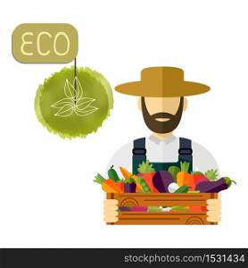 Country farmer who keeps fresh vegetables. Vector icon. Farmer hat, picked vegetables. Vector illustration, icon