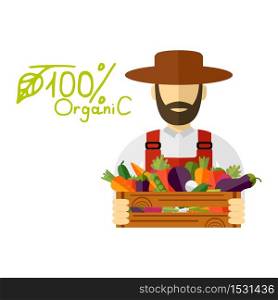 Country farmer who keeps fresh vegetables. Vector icon. Farmer hat, picked vegetables. Vector illustration, icon