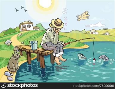 Country Fisher. An idyllic scene of fishing at the countryside. The fisher sleeps under the blue sky but the suspicious fishes and the hungry cat are staying awake.