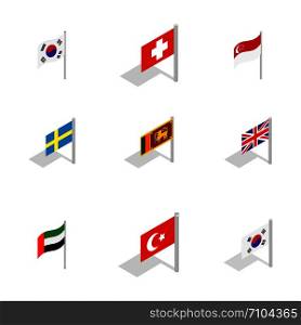 Country flag icon set. Isometric set of country flag vector icons for web isolated on white background. Country flag icon set, isometric style