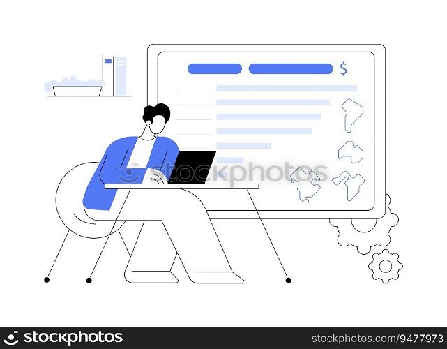 Country GDP ranking abstract concept vector illustration. Data analyst examines country GDP ranking using laptop, economic statistics and report, distribution sector abstract metaphor.. Country GDP ranking abstract concept vector illustration.