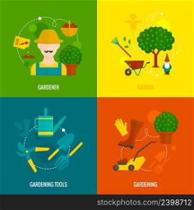 Country hobby gardener tools and accessories 4 flat icons of lawn mower composition abstract isolated vector illustration