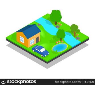 Country house concept banner. Isometric banner of country house vector concept for web, giftcard and postcard. Country house concept banner, isometric style