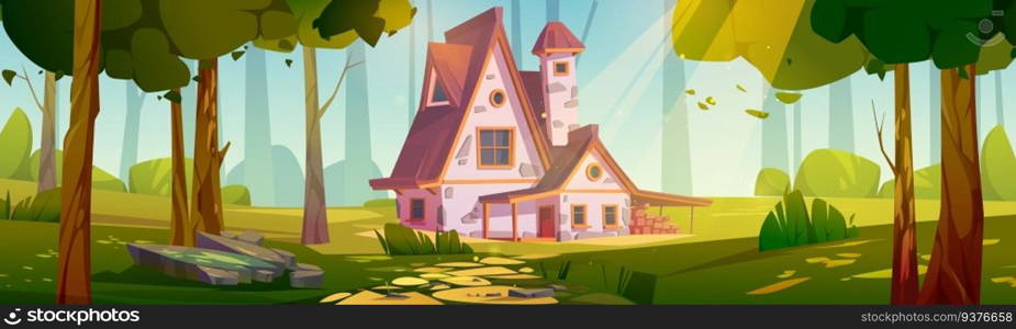 Country house in green summer forest. Vector cartoon illustration of cozy retro cottage with chimney on roof. Woods landscape with trees, green grass, stone path and nice farmhouse on sunlit glade. Country house in green summer forest