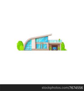 Country house, urban private home villa with terrace and garage, roof and windows isolated. Vector living dwelling, real estate building, cottage. Townhouse urban home with green trees, entrance door. Chalet cottage house with garage isolate building