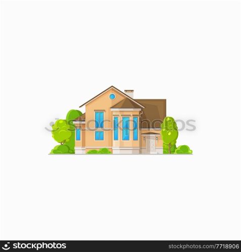 Country house, urban private home with chimney and mansard isolated. Vector real estate building, cottage apartment, townhouse urban home with green trees, entrance door. Living dwelling. Two-storied cottage house with chimney isolated