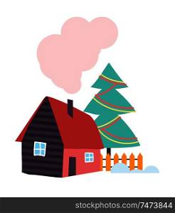 Country house with chimney, wooden fence and decorated Christmas tree vector isolated. Wintertime cottage home with smoke from pipe, winter pattern. Country House with Chimney, Wooden Fence Vector