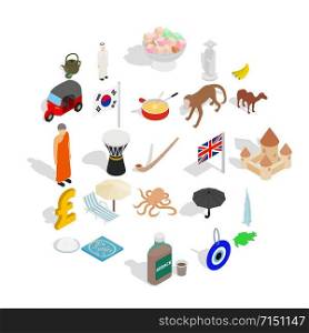 Country icons set. Isometric set of 25 country vector icons for web isolated on white background. Country icons set, isometric style