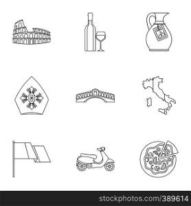 Country Italy icons set. Outline illustration of 9 country Italy vector icons for web. Country Italy icons set, outline style