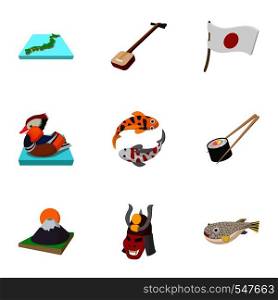 Country Japan icons set. Cartoon illustration of 9 country Japan vector icons for web. Country Japan icons set, cartoon style