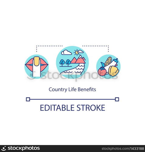 Country life benefit concept icon. Peace and quiet. Countryside nature. Fresh food. Suburban lifestyle idea thin line illustration. Vector isolated outline RGB color drawing. Editable stroke. Country life benefit concept icon