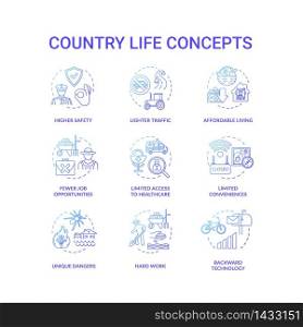 Country life blue concept icons set. Advantage and disadvantage of farming. Work outside city. Village living idea thin line RGB color illustrations. Vector isolated outline drawings. Country life blue concept icons set