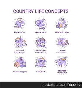 Country life concept icons set. Advantage and disadvantage of farming. Work outside city. Village living idea thin line RGB color illustrations. Vector isolated outline drawings. Editable stroke. Country life concept icons set