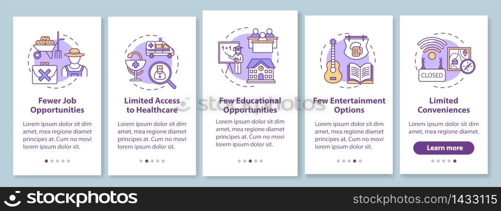 Country life disadvantages onboarding mobile app page screen with concepts. Living conditions in countryside walkthrough 5 steps graphic instructions. UI vector template with RGB color illustrations. Country life disadvantages onboarding mobile app page screen with concepts