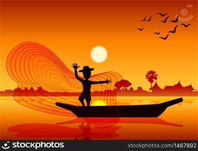 country life,man throw fish net to catch fish on boat in pond lake,silhouette style,on sunset time,vector illustration