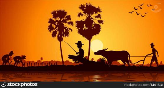 country life of Asia boy fishing while farmer plants rice and another plows field by buffalo. Sunrise time silhouette style vector illustration