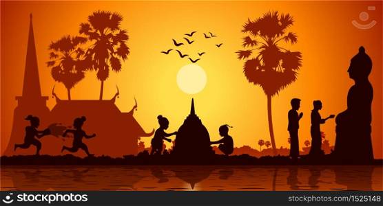 country life of Asia children play water and build sand pagoda while couple pour water to Buddha sculpture on sunrise time,silhouette style,vector illustration