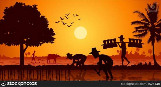 country life of Asia farmer plant rice while a man carry rice seedling and another plow field by buffalo on sunrise time,silhouette style,vector illustration