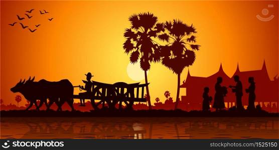 country life of Asia farmer ride cart to go to do work while monk receive food on sunrise time,silhouette style,vector illustration