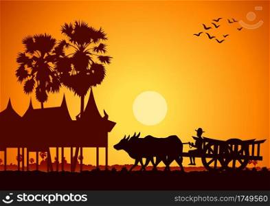 country life of Asia farmer ride cart to go to do work sunrise time,silhouette style,vector illustration
