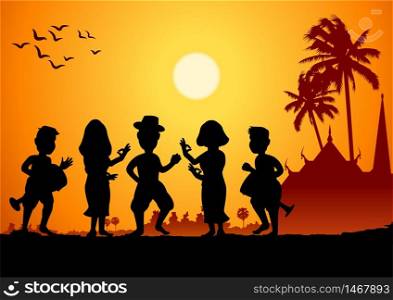 Country life of Asia oriental,group of people dance with tom tom long drum,in celebration time,vector illustration