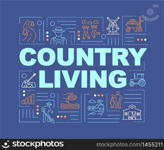 Country life word concepts banner. Village healthy lifestyle. Farm and ranch. Infographics with linear icons on navy blue background. Isolated typography. Vector outline RGB color illustration. Country life word concepts banner