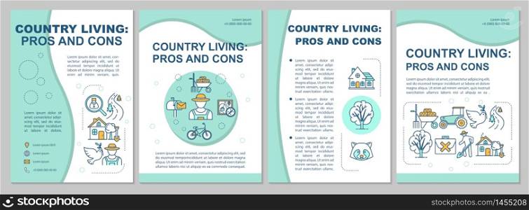 Country living brochure template. Rural lifestyle. Quality of life. Flyer, booklet, leaflet print, cover design with linear icons. Vector layouts for magazines, annual reports, advertising posters. Country living brochure template