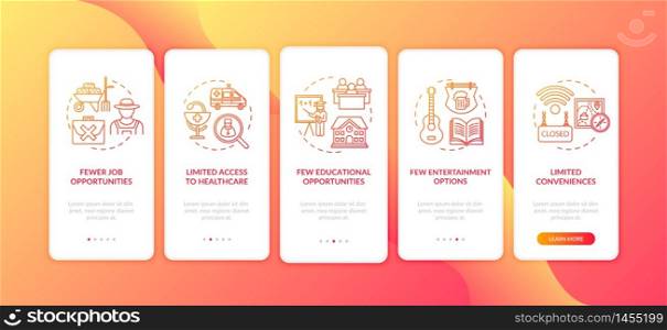 Country living disadvantages onboarding mobile app page screen with concepts. Living conditions in countryside walkthrough 5 steps graphic instructions. UI vector template with RGB color illustrations. Country living disadvantages onboarding mobile app page screen with concepts