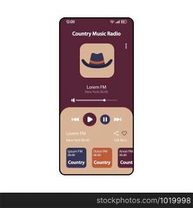 Country music FM radio smartphone interface vector template. Mobile app page retro design layout. Western cowboy songs albums listening screen. Flat UI for application. Music player. Phone display