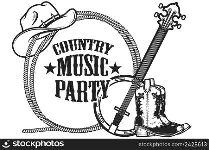 Country music party. Frame from rope with cowboy boots, hat and banjo in engraving style. Design element for poster, card, banner, sign. Vector illustration